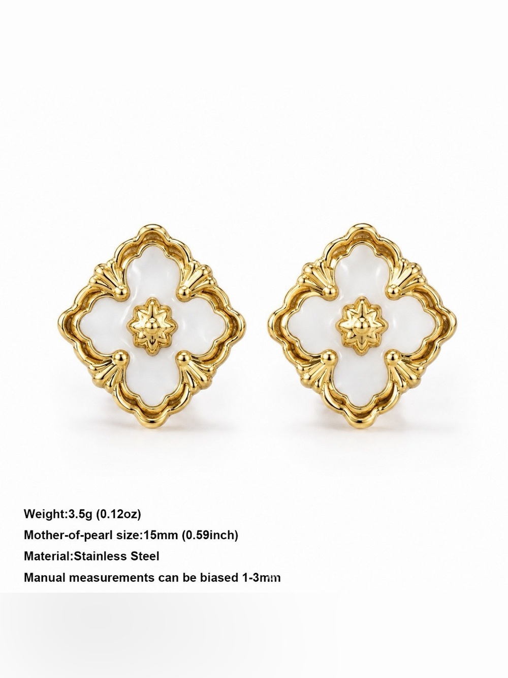 Gold & White Floral Statement Stud Earrings - Picture 4 of 10